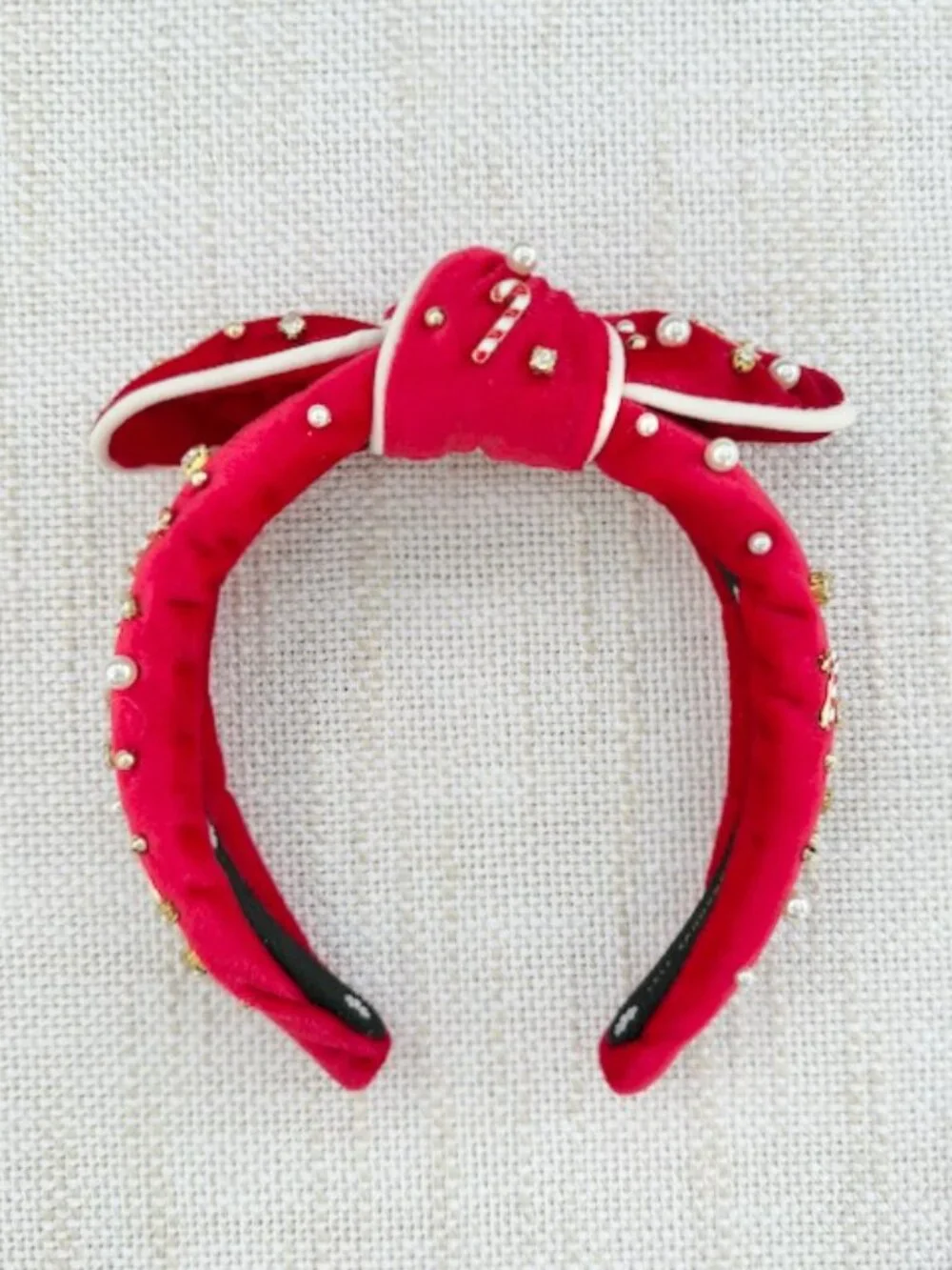 Lele Sadoughi Red Velvet Candy Cane Knot Headband Pearl Crystal Christmas EUC